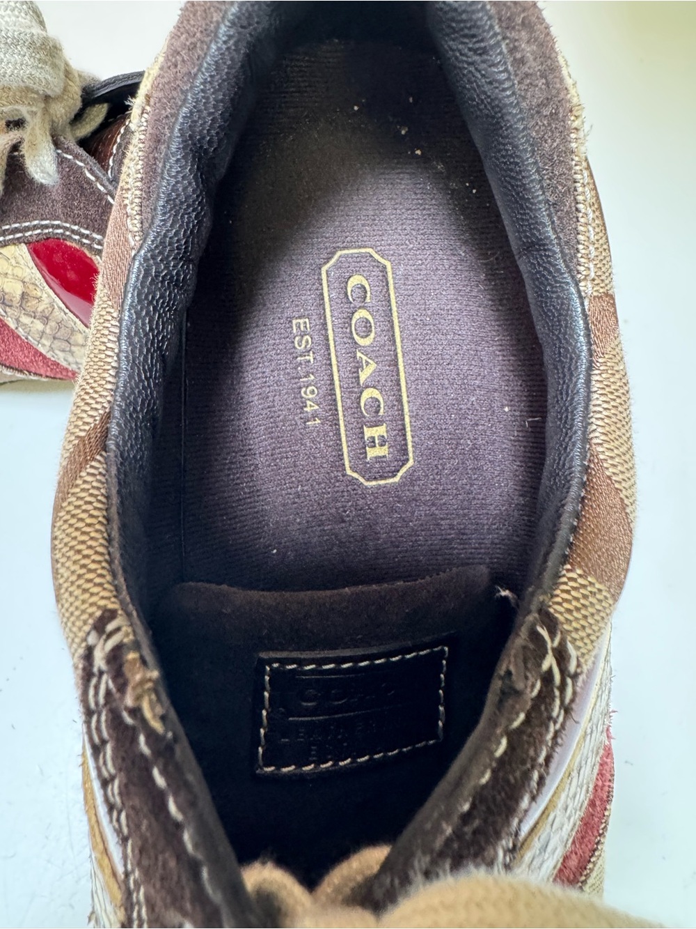 Coach Brown Burgundy patent suede logo, snake skin Signature Canvas sneakers 7.5 - Picture 2 of 11
